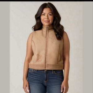 Vintage Tan Faux Suede Shearling Vest Size XL